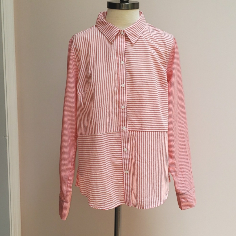 NWT Crown & Ivy Muted Red and White Striped Button Down Shirt, Size Large